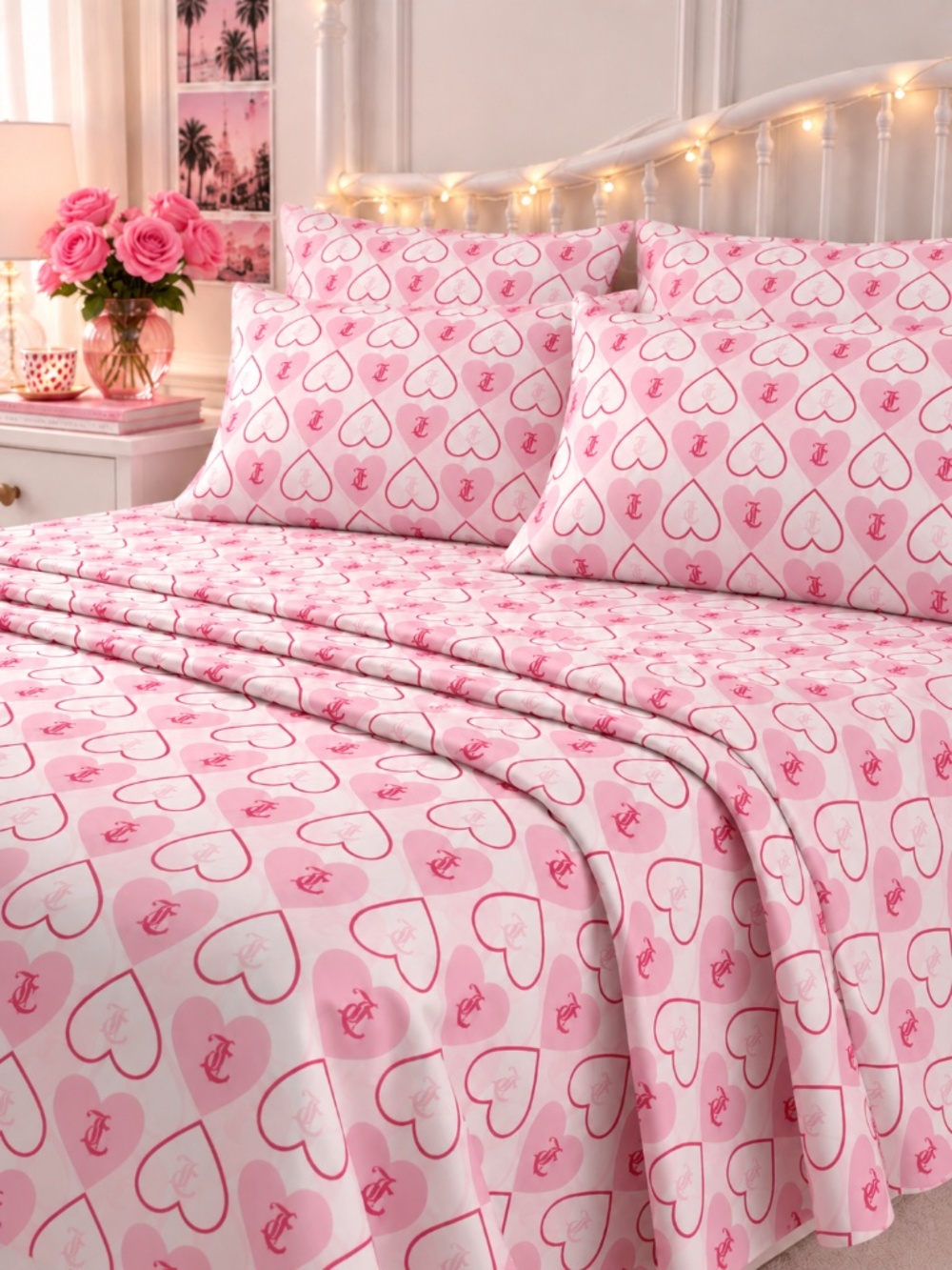 Juicy Couture Full 6pc Sheet Set Pink Hearts Logo Love Valentines Bedding NWT